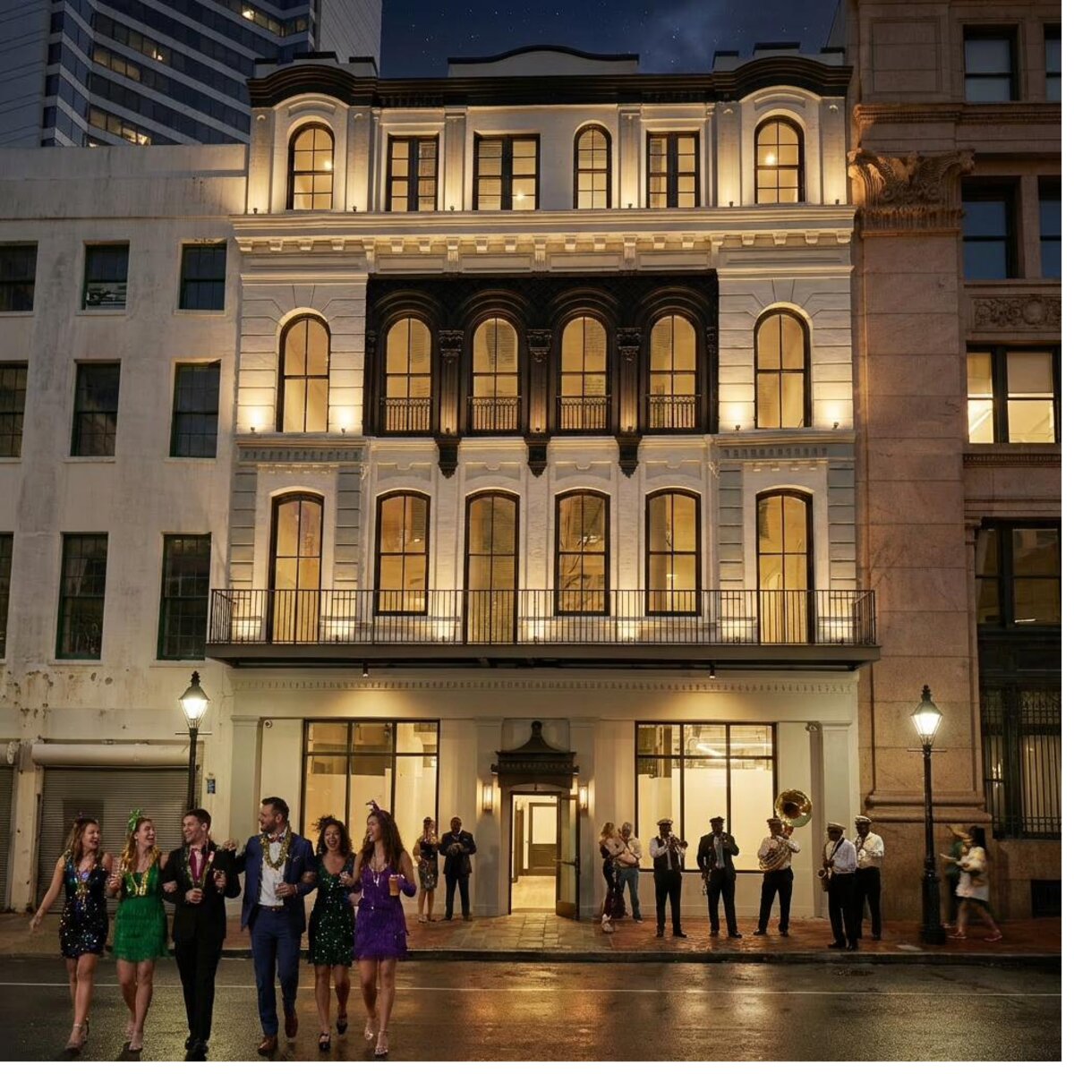 210 St. Charles Avenue building at night with brass band